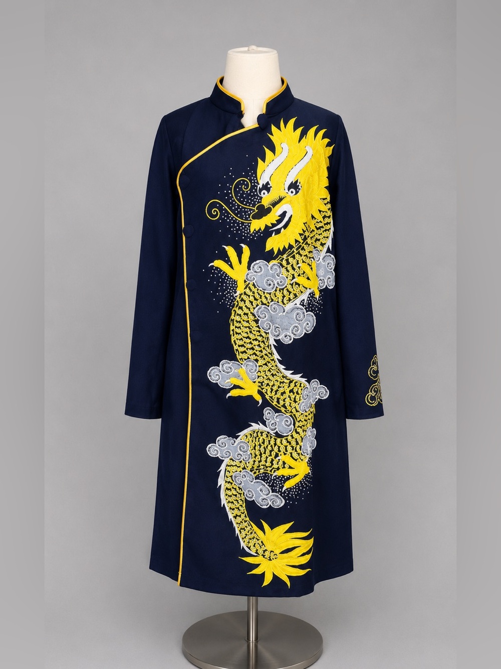 Vintage Chinese Dragon Embroidered Mandarin Collar Long Coat Jacket